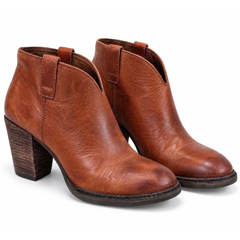 Lucky Brand Felisky Womens 8.5 Cognac Leather Ankle Boots Western Block Heel